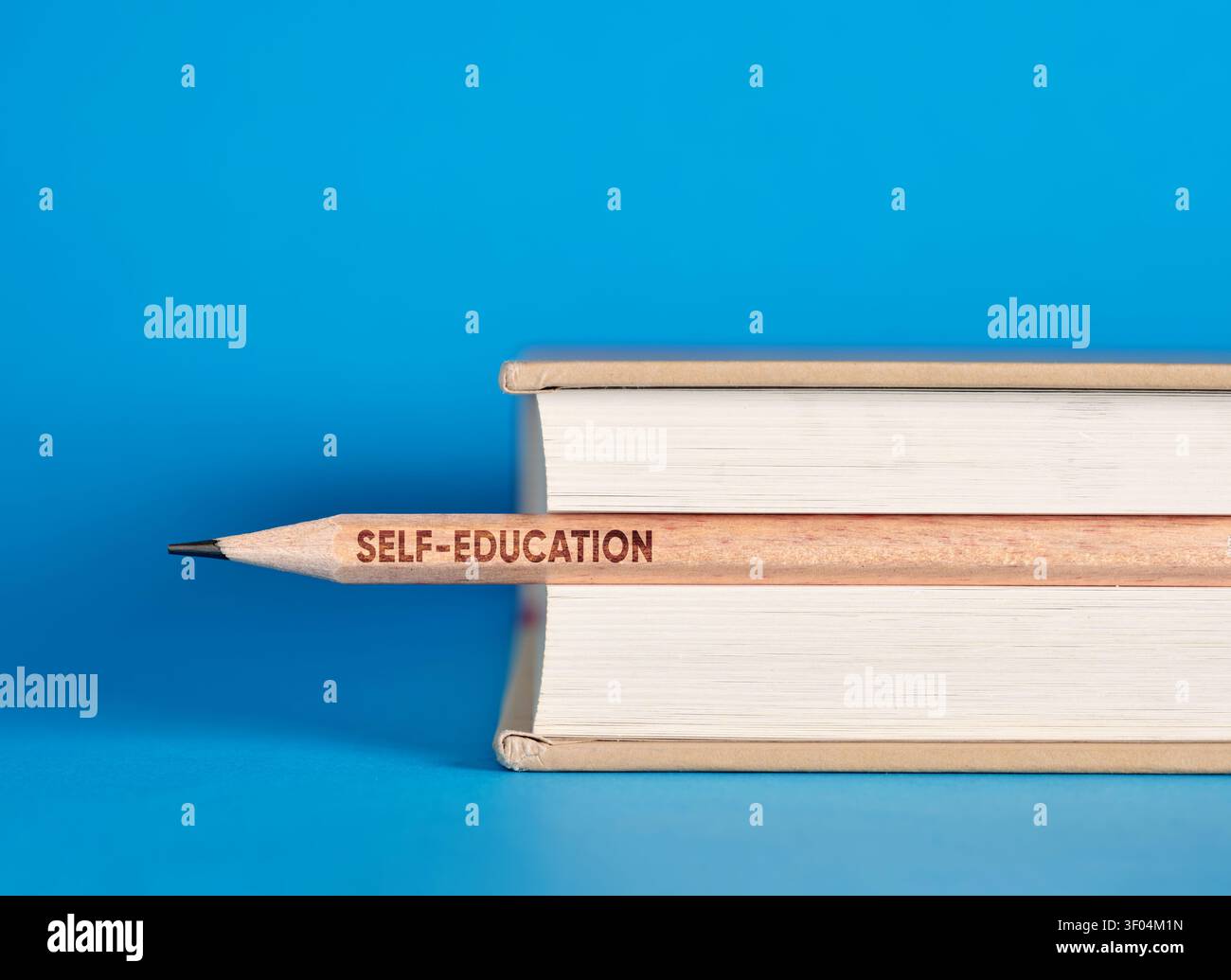 Concetto di autoistruzione. Matita con il testo "autoistruzione" che spinge tra due libri su uno sfondo blu, simboleggiante crescita personale e apprendimento Foto Stock