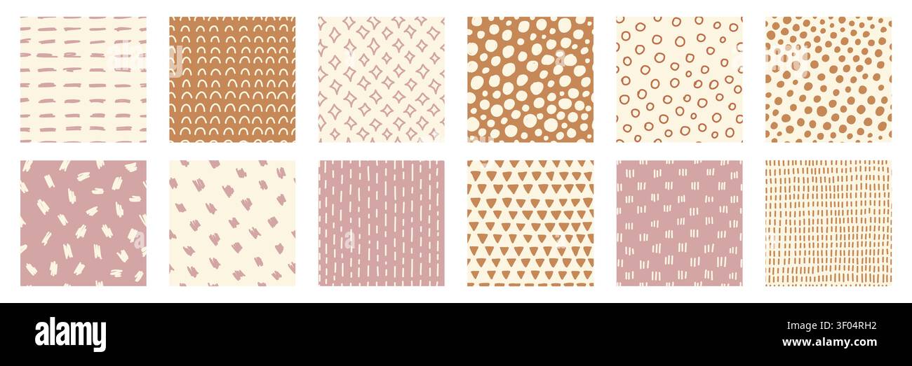 Set di sfondi astratti per bambini bohémien in tonalità neutre calde terracotta beige e rosa tenue con tratti, cerchi, archi a stelle e triangoli disegnati a mano per un design moderno Illustrazione Vettoriale