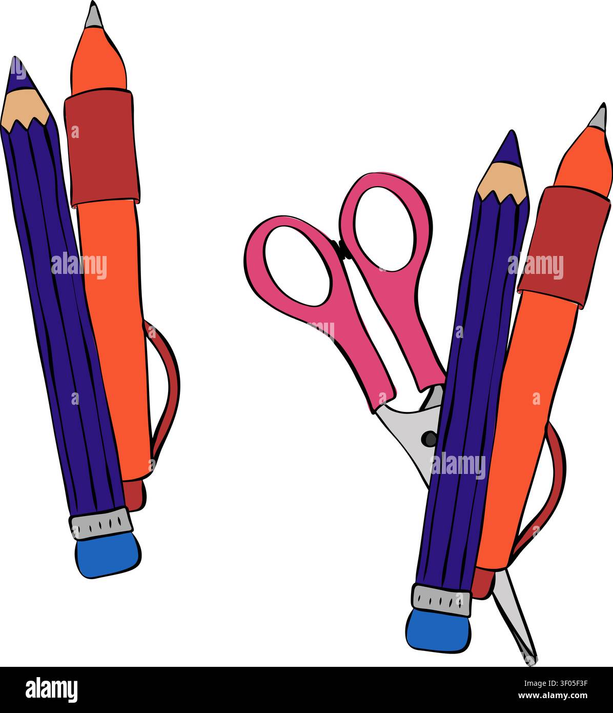 Set di strumenti di scrittura classici composizione scolastica illustrazione colorata disegnata a mano. Grafica vettoriale con inchiostro lineare. Per logo, Web, confezione, adesivo. Progettare per Illustrazione Vettoriale