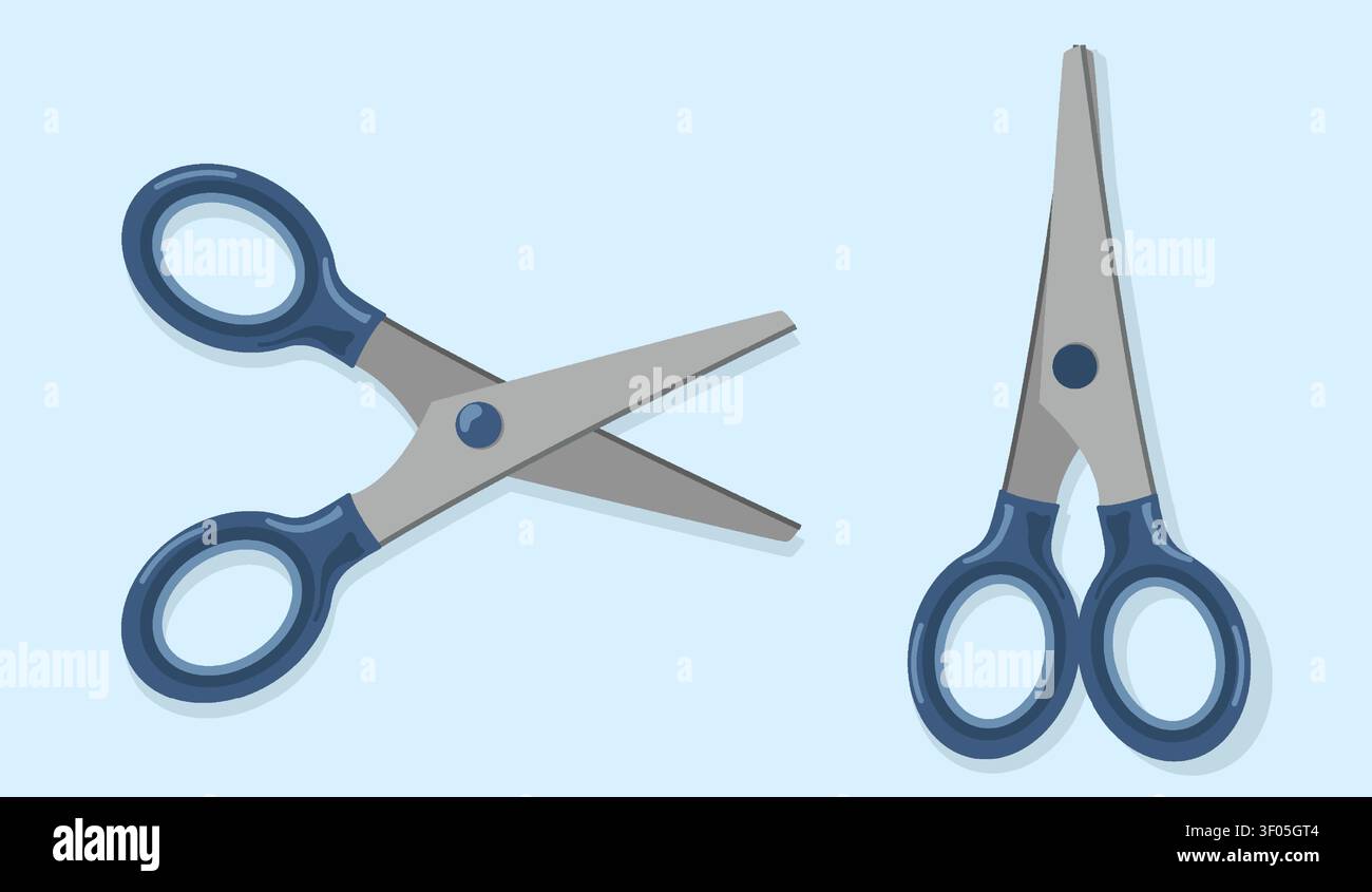 Set di forbici minimaliste Vista superiore vettoriale delle cesoie da ufficio in acciaio affilato con manici in plastica blu per l'istruzione creativa e la risorsa di progettazione scolastica Illustrazione Vettoriale