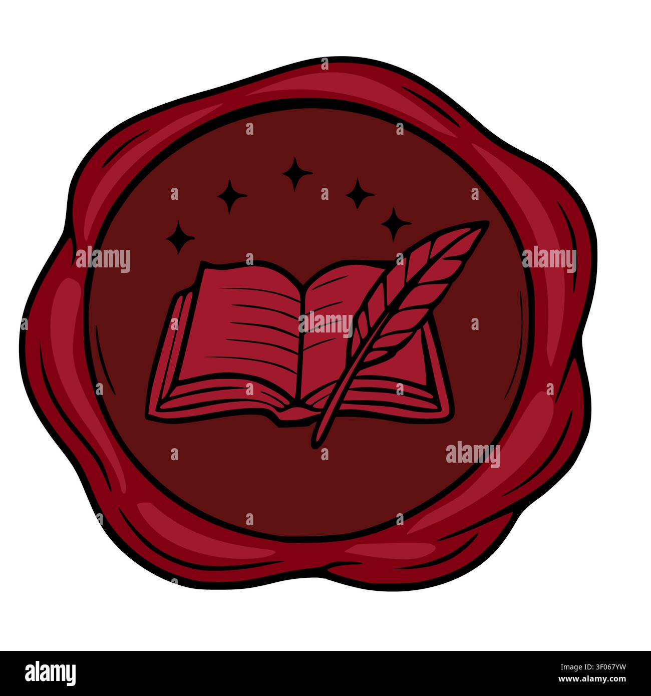 Guarnizione in cera rossa con libro aperto e illustrazione vettoriale di piume Illustrazione Vettoriale