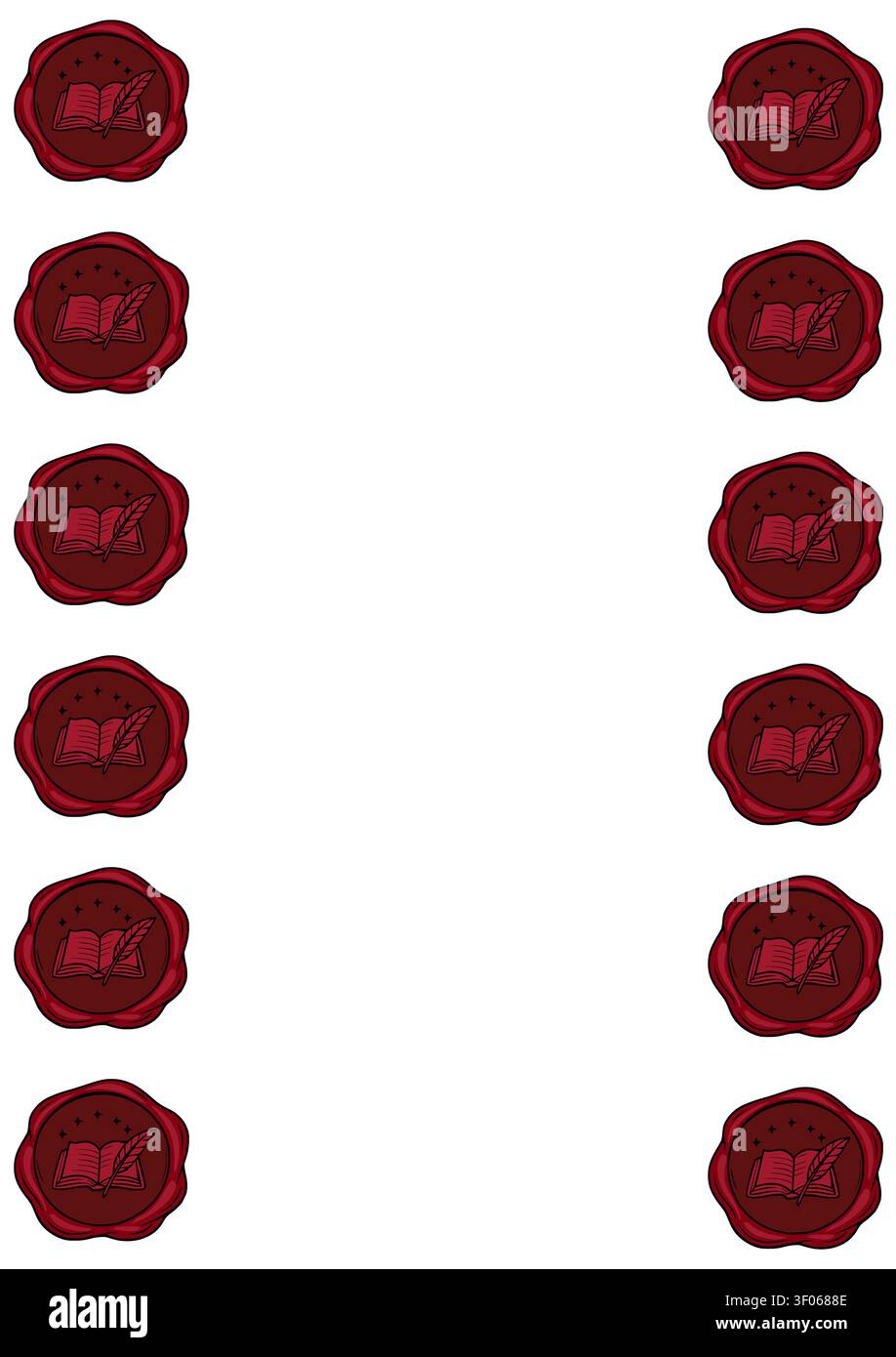 Bordo della guarnizione in cera rossa con illustrazione a libro aperto e quill, telaio vettoriale verticale Illustrazione Vettoriale
