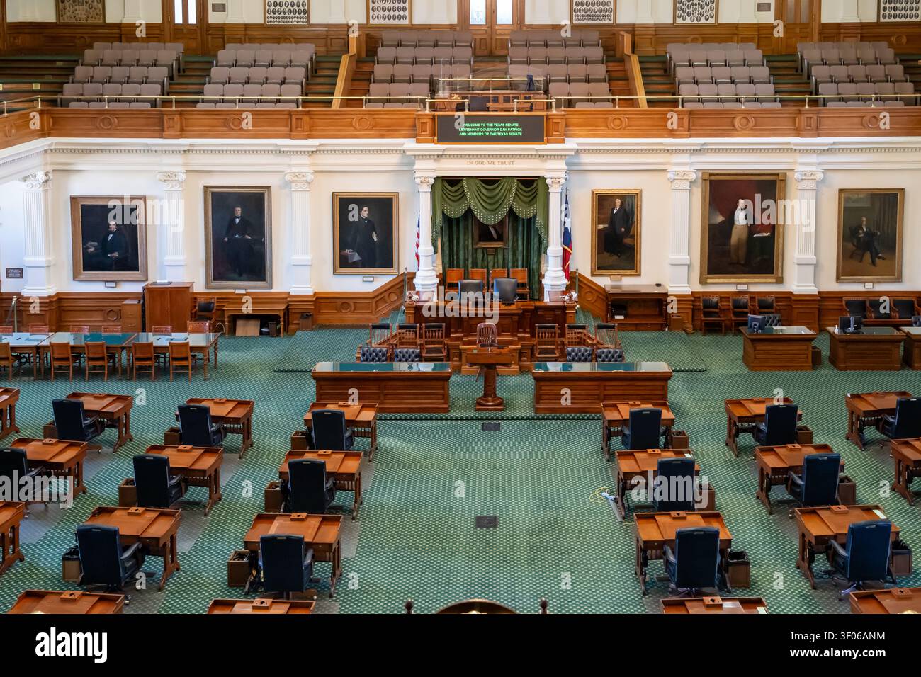 Camera del Senato del Texas situata nel Campidoglio dello Stato del Texas ad Austin, Texas, USA. Foto Stock