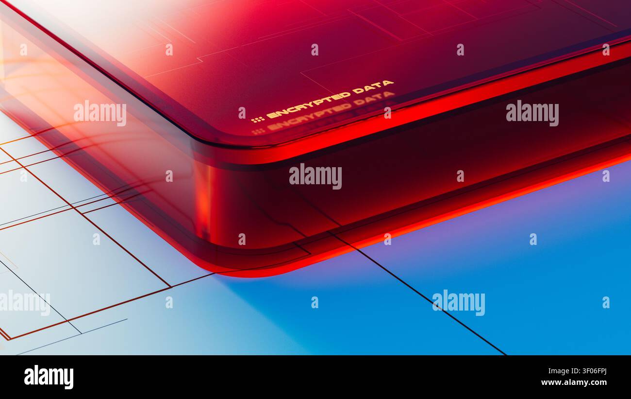 Il design mostra gli elementi di sicurezza dei dati crittografati in un layout moderno. I colori brillanti evidenziano gli aspetti tecnologici coinvolti nella protezione dei dati. Foto Stock