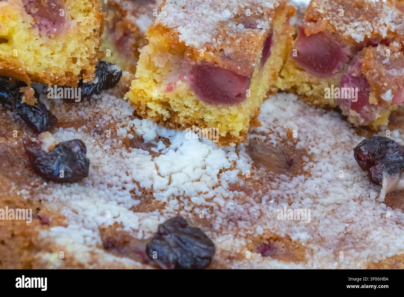 Prima piano di torta di ciliegie fatta in casa tagliata a fette con ciliegie fresche, uvetta e zucchero a velo, evidenziando la consistenza morbida e il carattere artigianale tradizionale Foto Stock