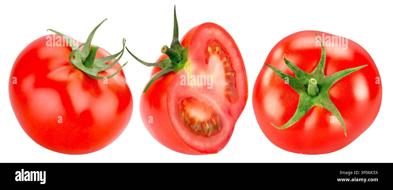 Tre pomodori rossi freschi che mostrano intere viste e una sezione trasversale interna. Foto Stock