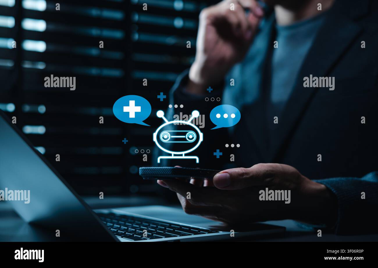 Concetto di sistema assistente consulente medico con chatbot AI. Persona che utilizza uno smartphone per comunicare con un medico virtuale, analizzare i sintomi, telemedicina Foto Stock