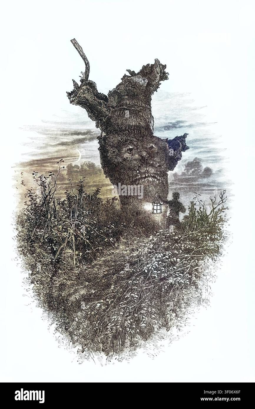 Alberi caratteristici, monumento naturale, illustrazione del XIX secolo che raffigura il famoso Monkey Tree, albero delle scimmie, a Burnham Beeches, di notte Foto Stock