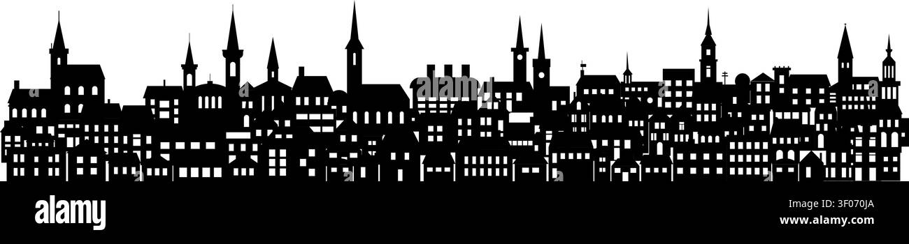 Silhouette della città, panorama urbano, tetti di edifici, fabbriche, chiese e case nel paesaggio notturno della città, illustrazione vettoriale aerea. Illustrazione Vettoriale