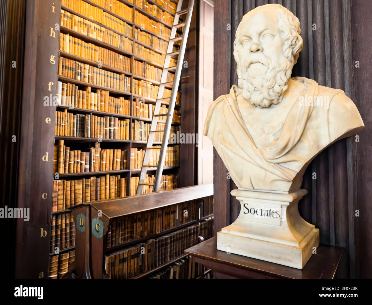 The Long Room of the Old Library, una delle più belle biblioteche del mondo, busto Socrates e libri su scaffali, Trinity College Dublin, Irlanda Foto Stock