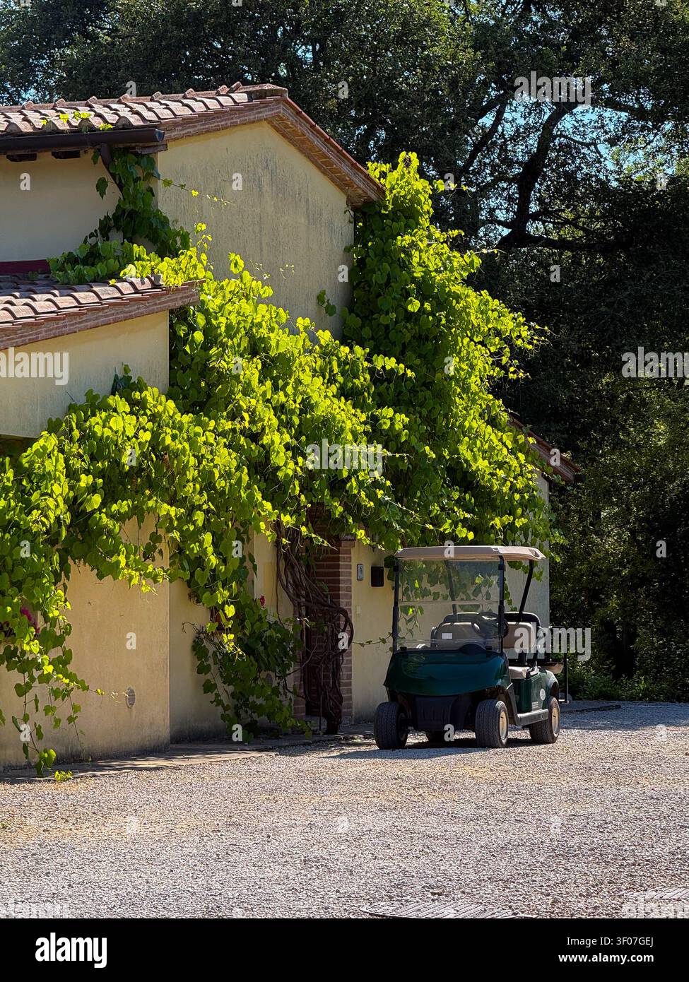 Carrello da golf parcheggiato all'ingresso affascinante di una villa toscana Foto Stock