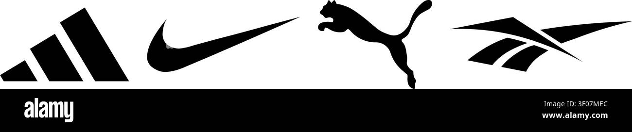 Icone del logo del marchio sportivo: Adidas, Nike, Puma, Reebok, Mizuno Illustrazione Vettoriale