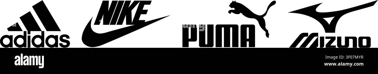 Icone del logo del marchio sportivo: Adidas, Nike, Puma, Reebok, Mizuno Illustrazione Vettoriale