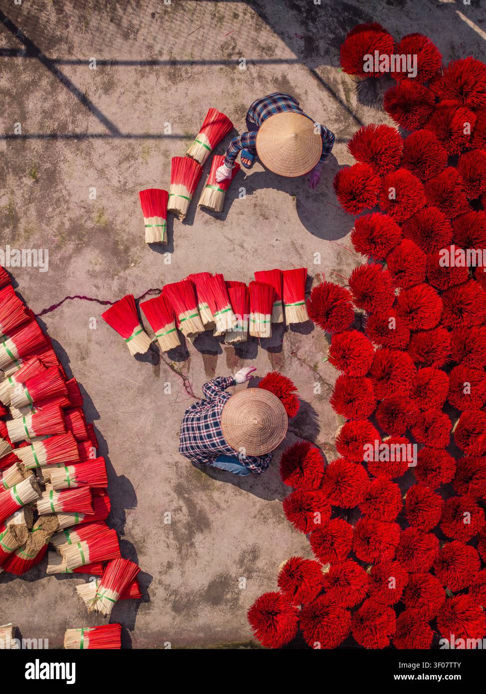 Vista aerea dei lavoratori che indossano tradizionali cappelli conici che organizzano fasci di bastoncini di incenso rosso vivace durante il processo di essiccazione in Vietnam. Foto Stock