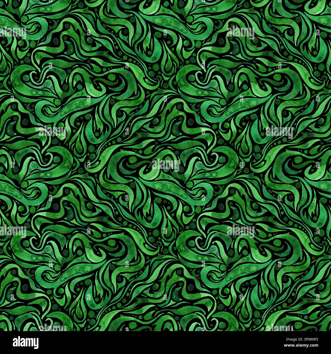 Modello floreale etnico ornato ad acquerello senza cuciture in colori verdi su sfondo nero. Ornamento astratto decorativo boho. Perfetto per inviti Foto Stock