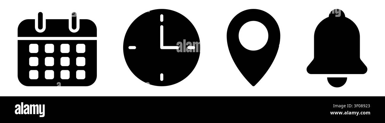Set di icone calendario, notifica, posizione, ora Illustrazione Vettoriale
