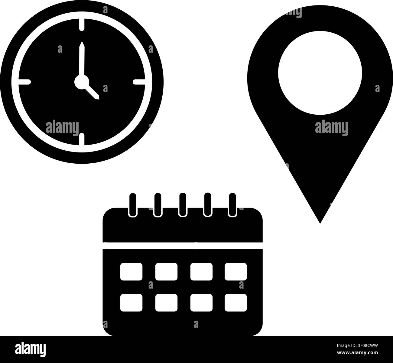Set di icone di posizione minimalista di data e ora, orologio del calendario aziendale e icone di puntini di posizione Illustrazione Vettoriale