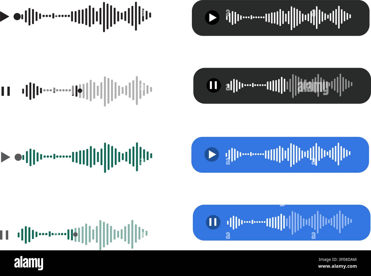 Icone delle onde sonore con pulsanti di riproduzione su sfondo trasparente Illustrazione Vettoriale