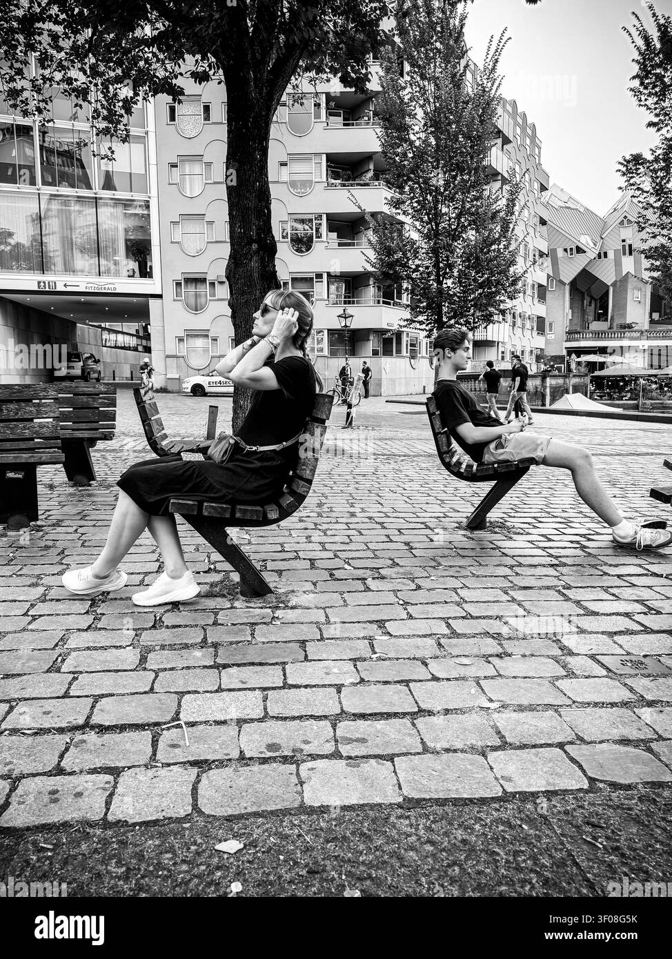 Persone che si rilassano su panchine accanto al canale a Rotterdam, Olanda Meridionale, Paesi Bassi. Foto Stock