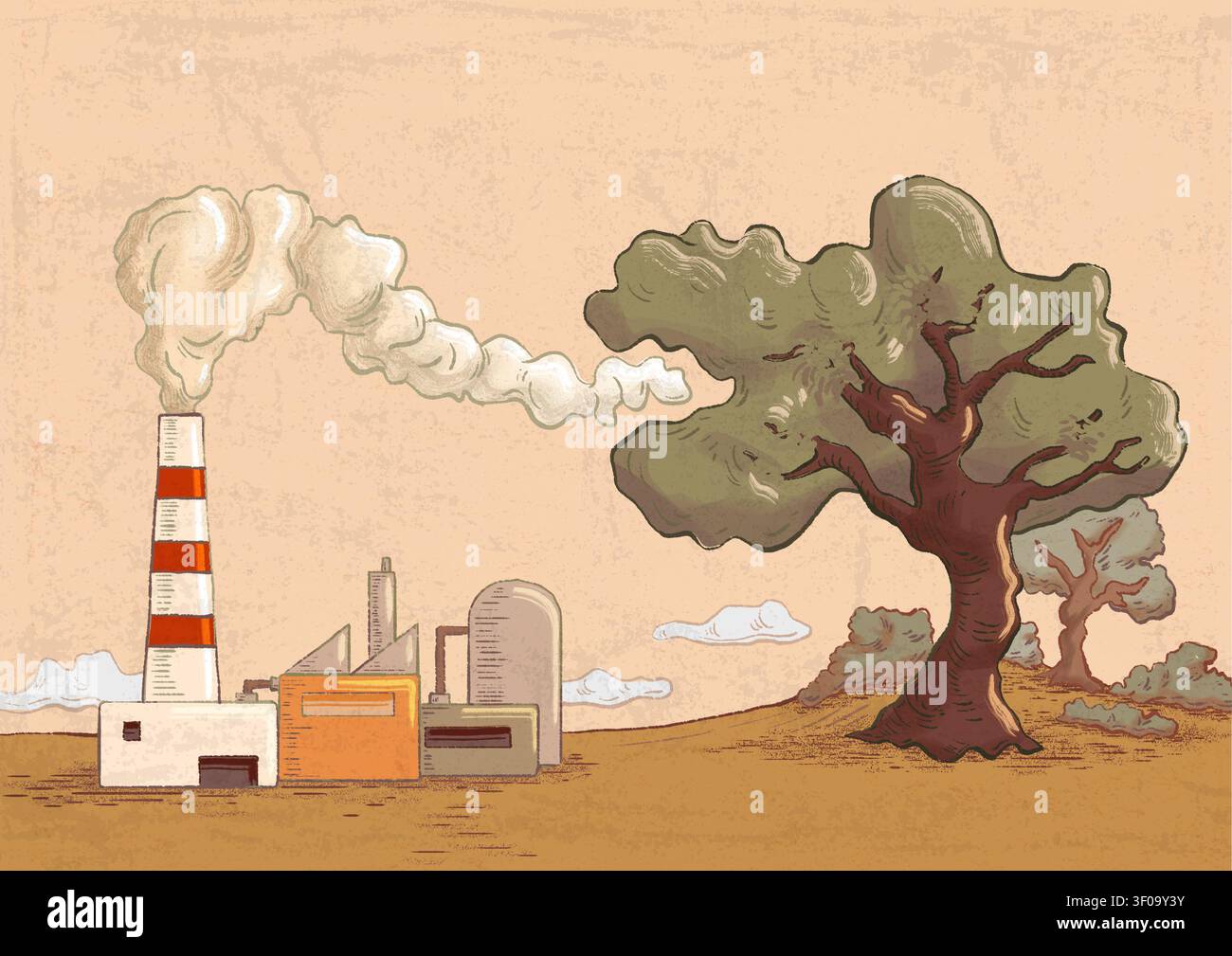 Albero che neutralizza lo smog prodotto da un complesso industriale. Illustrazione digitale. Foto Stock