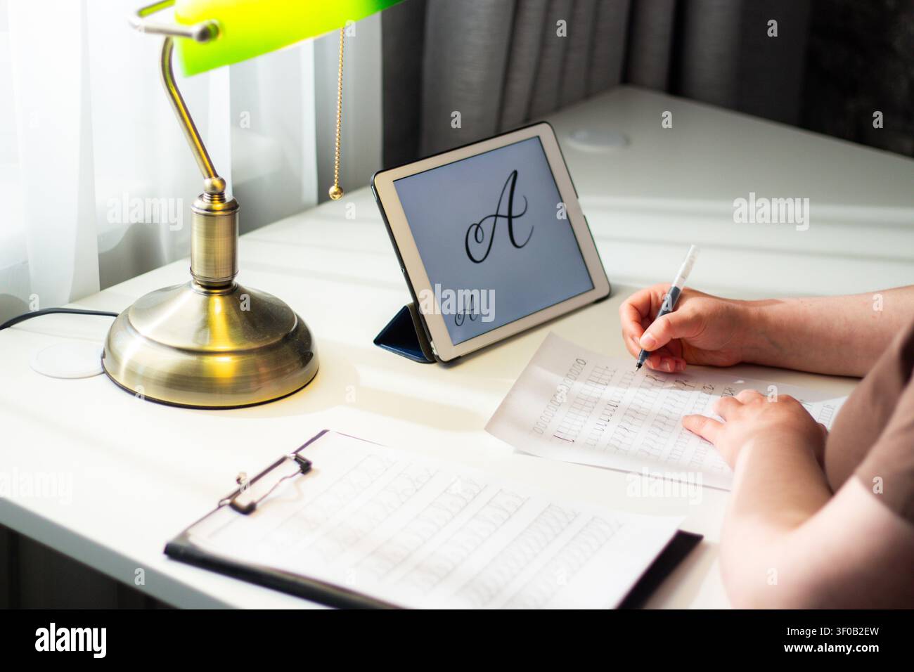 Donna seduta alla scrivania e a scrivere con la penna. La scrittura a mano migliora il concetto di conservazione della memoria. Primo piano della penna su carta, concentrazione profonda, studio analogico ha Foto Stock