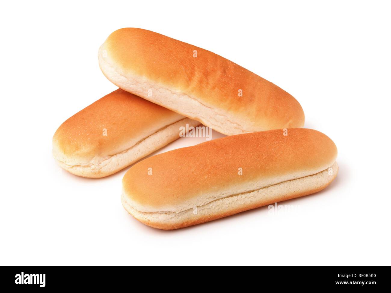 Tre panini per hot dog interi isolati su bianco Foto Stock