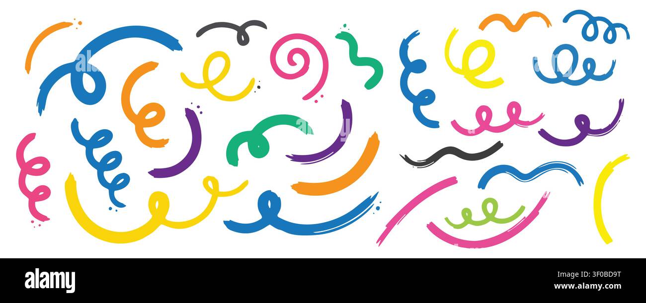 Collezione di linee curve colorate e audaci con anelli, pennellate ondulate grunge disegnate a mano, giocose vorticose, scarabocchi infantili e scoiattoli, isolate Illustrazione Vettoriale