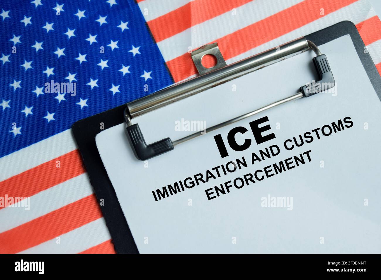 Concetto di ICE - Immigration and Customs Enforcement scritto su una clipboard isolata su un tavolo di legno. Per la sicurezza dei confini, il controllo delle migrazioni e l'applicazione della legge Foto Stock