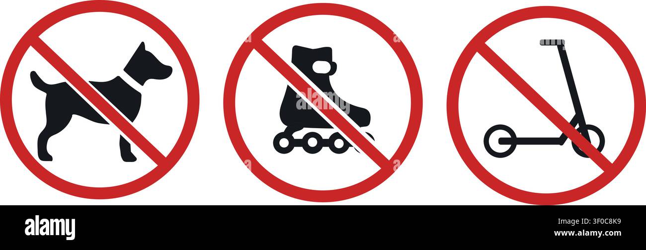 Set di cartelli per non avere cani su pattini o scooter – raccolta di icone di sicurezza per animali domestici proibiti Illustrazione Vettoriale
