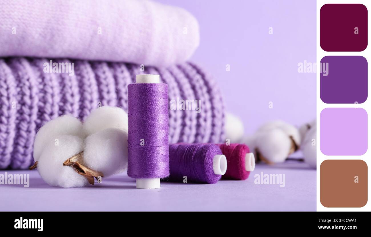 Filato a maglia viola e cotone con pullover piegati Foto Stock