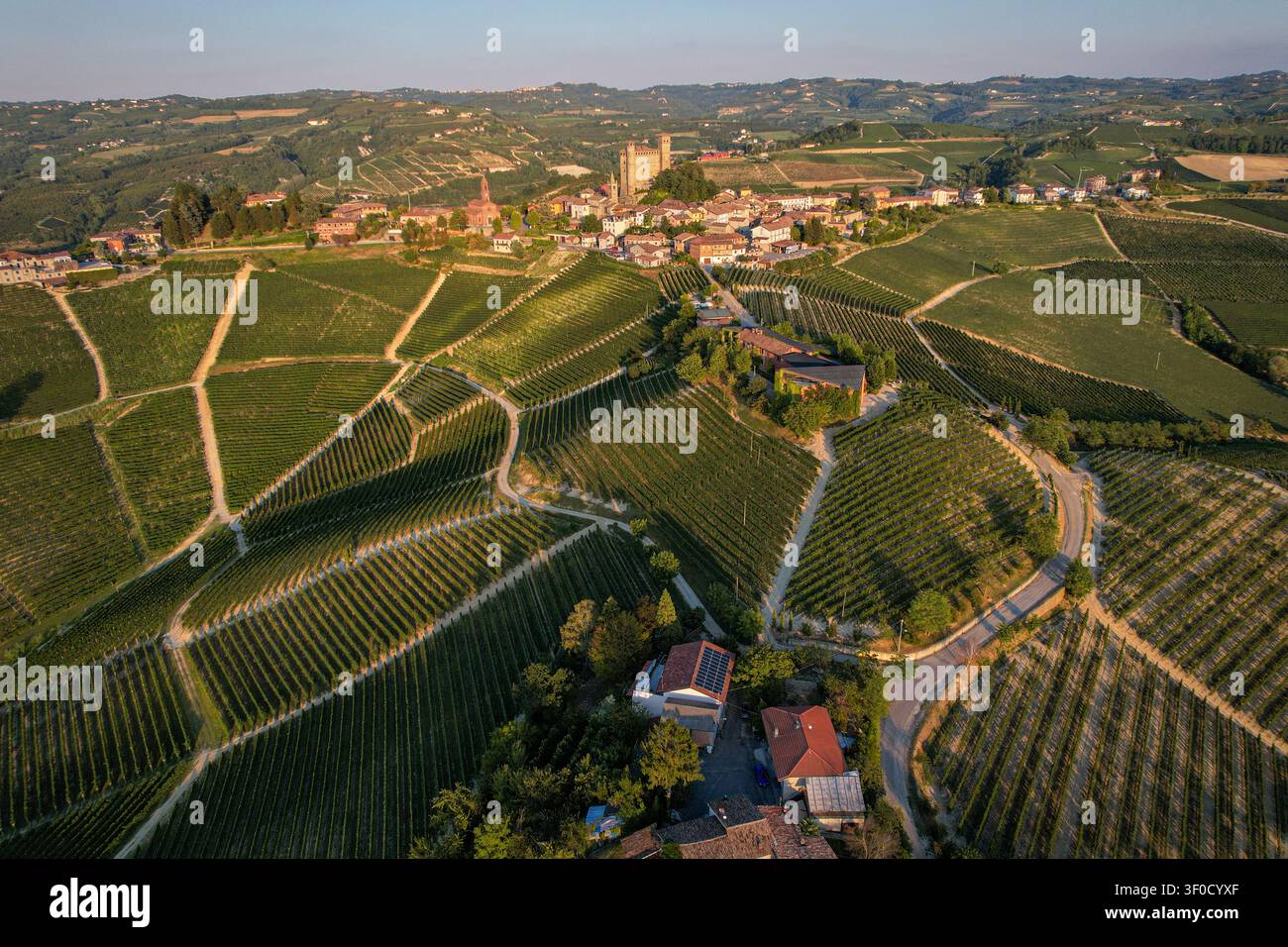 Veduta aerea dello storico castello di Serralunga d'Alba circondato da lussureggianti vigneti e dolci colline di Serralunga d'Alba, Piemonte, Italia. Foto Stock