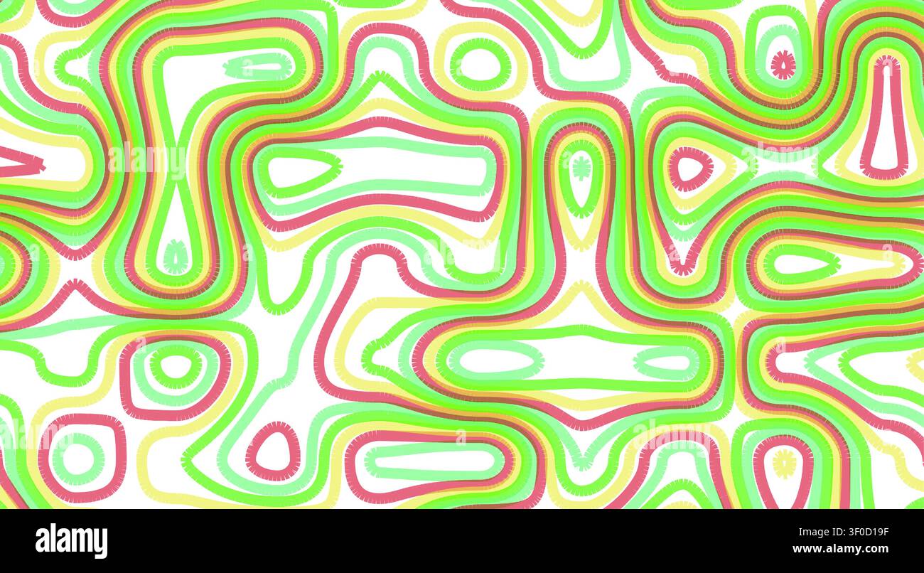 Un modello astratto vivace con linee di contorno fluide e organiche in verde, giallo e rosso su uno sfondo bianco, creando una mappa topografica Illustrazione Vettoriale