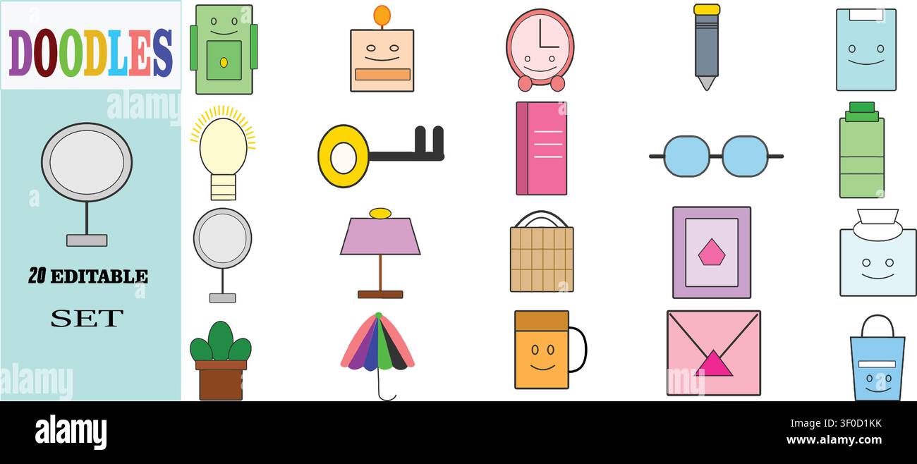 Una collezione di 20 icone modificabili in stile scarabocchio con oggetti di uso quotidiano, articoli per la casa e personaggi semplici in un design piatto. Illustrazione Vettoriale