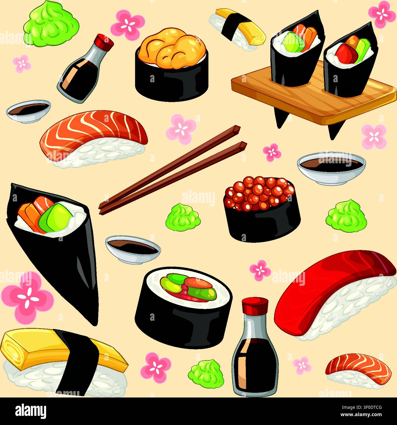 Illustrazione vettoriale piatta colorata di nigiri, maki, temaki, salsa di soia ed elementi di wasabi. Illustrazione Vettoriale