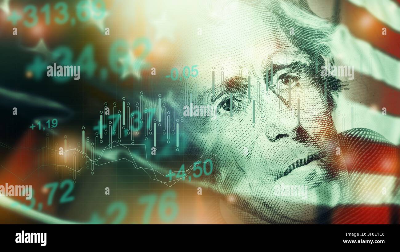Grafico che mostra le tendenze monetarie con l'immagine di una moneta e dati finanziari Foto Stock