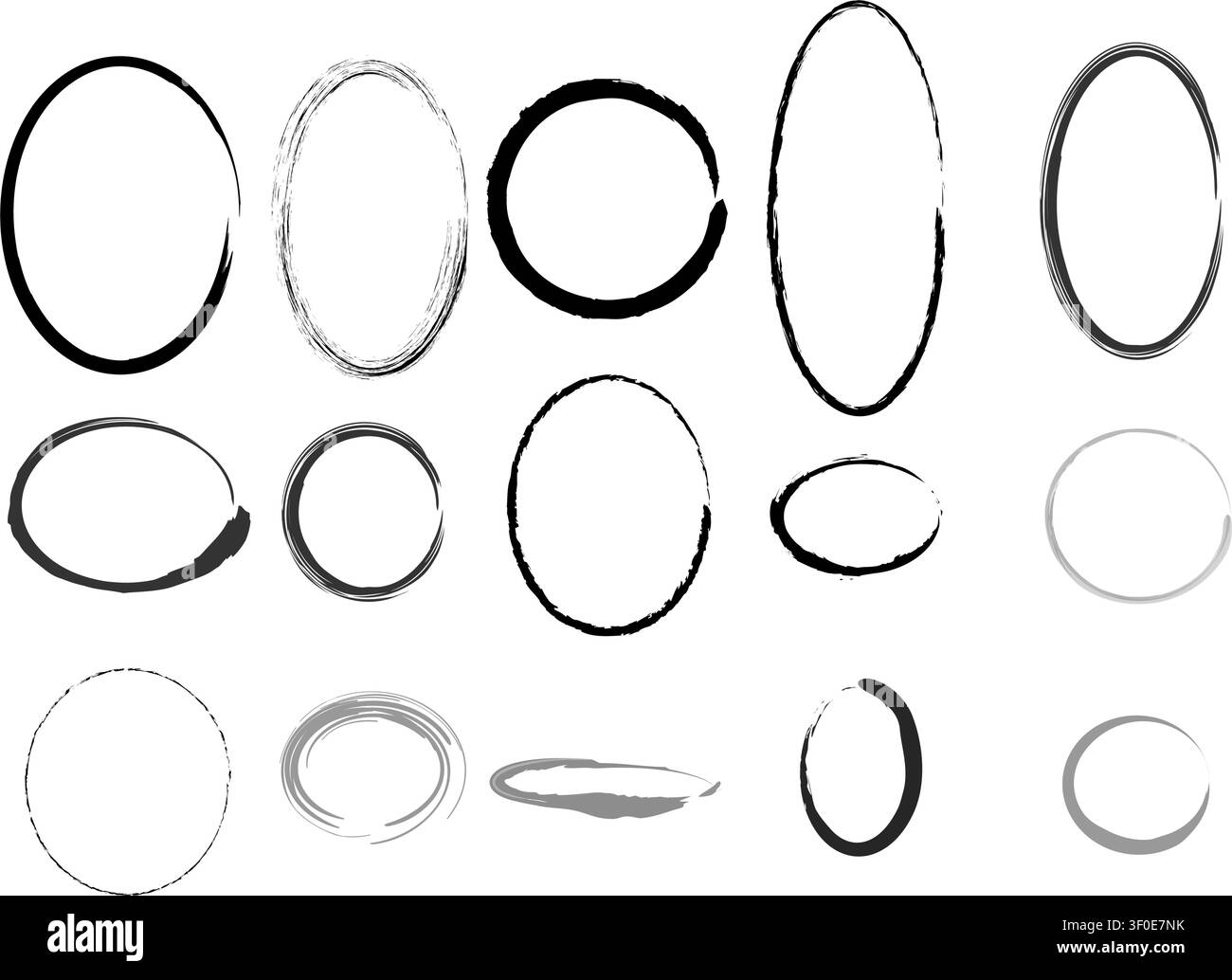 Collezione di cornici a tratto di pennello ovale e circolare grunge disegnate a mano Illustrazione Vettoriale