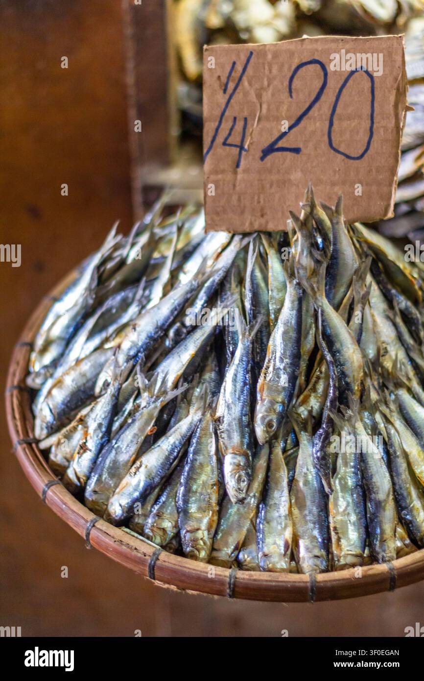 Pesce essiccato, un prodotto locale di punta di Bantayan Island, Cebu, venduto fresco al mercato pubblico delle Filippine Foto Stock