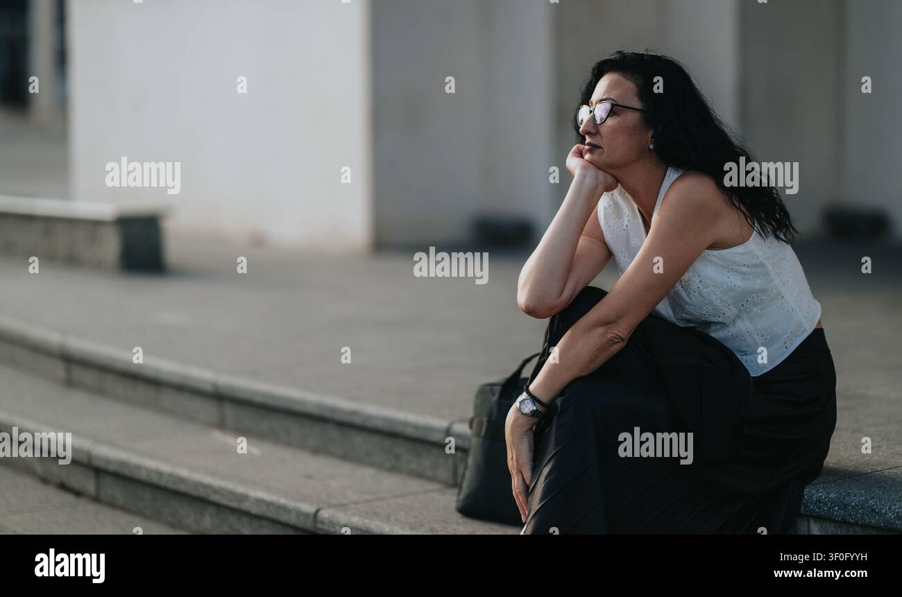 Donna pensierosa seduta sui gradini all'aperto in città, con occhiali e un abito estivo casual Foto Stock