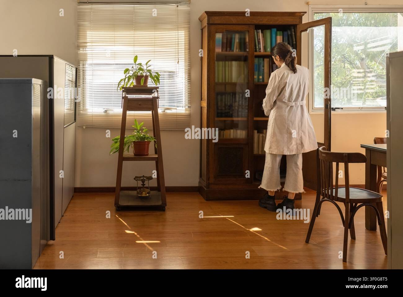 Vista posteriore di una giovane scienziata in camice bianco in piedi davanti a una libreria in legno antica aperta in un ufficio luminoso illuminato dal sole con pianta d'interno Foto Stock