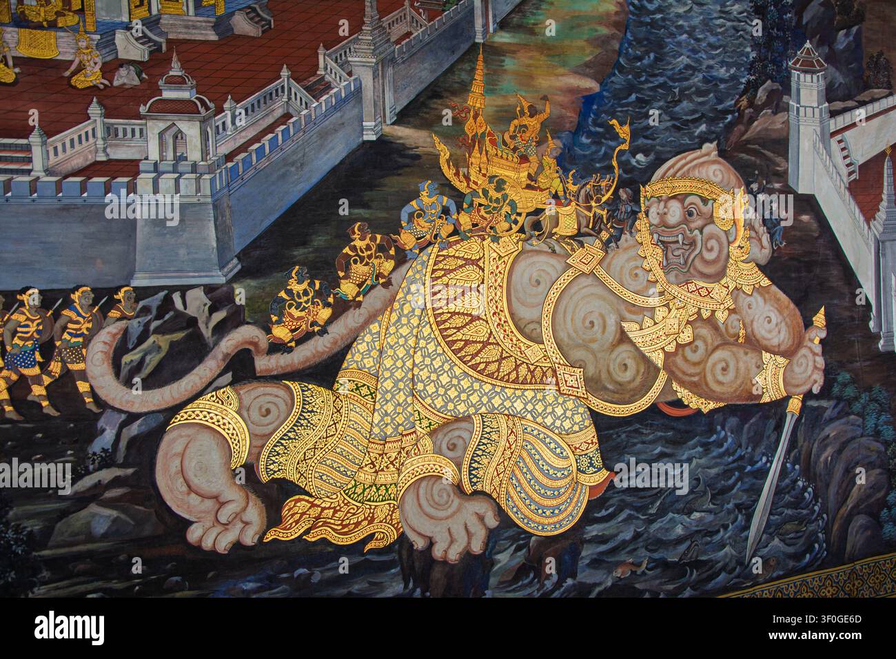 Bangkok, Thailandia. 14 dicembre 2013, Hanuman che trasporta Rama attraverso l'oceano Grand Palace Foto Stock