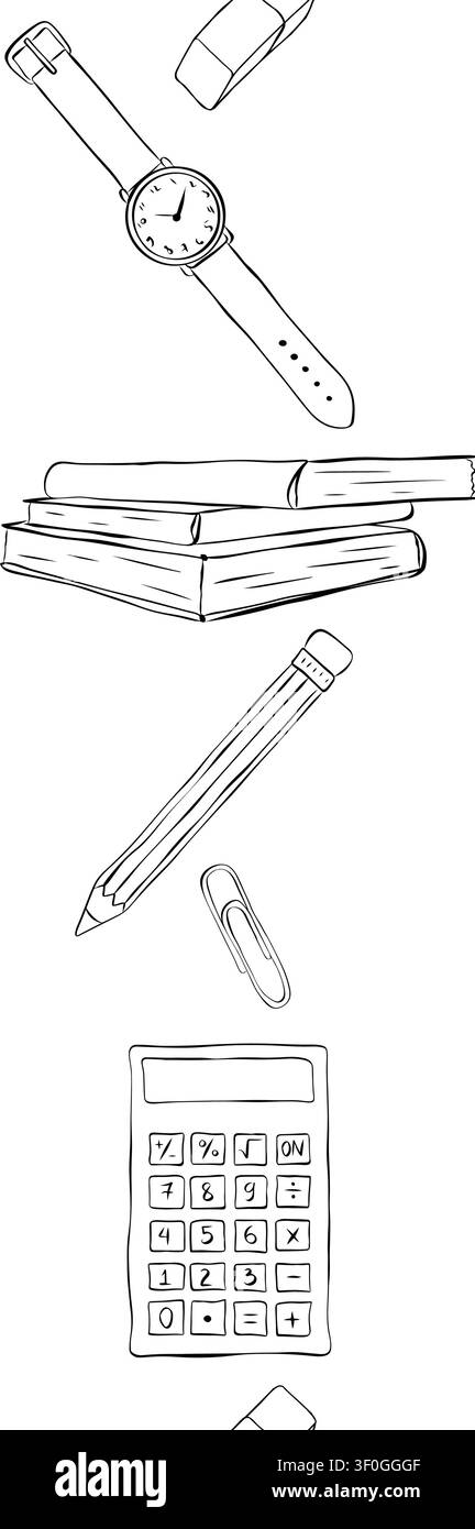 Studente d'ufficio e materiale scolastico bordo verticale senza cuciture Illustrazione in bianco e nero disegnata a mano. Grafica vettoriale arte a inchiostro lineare. Banner, poster, avvolgere Illustrazione Vettoriale