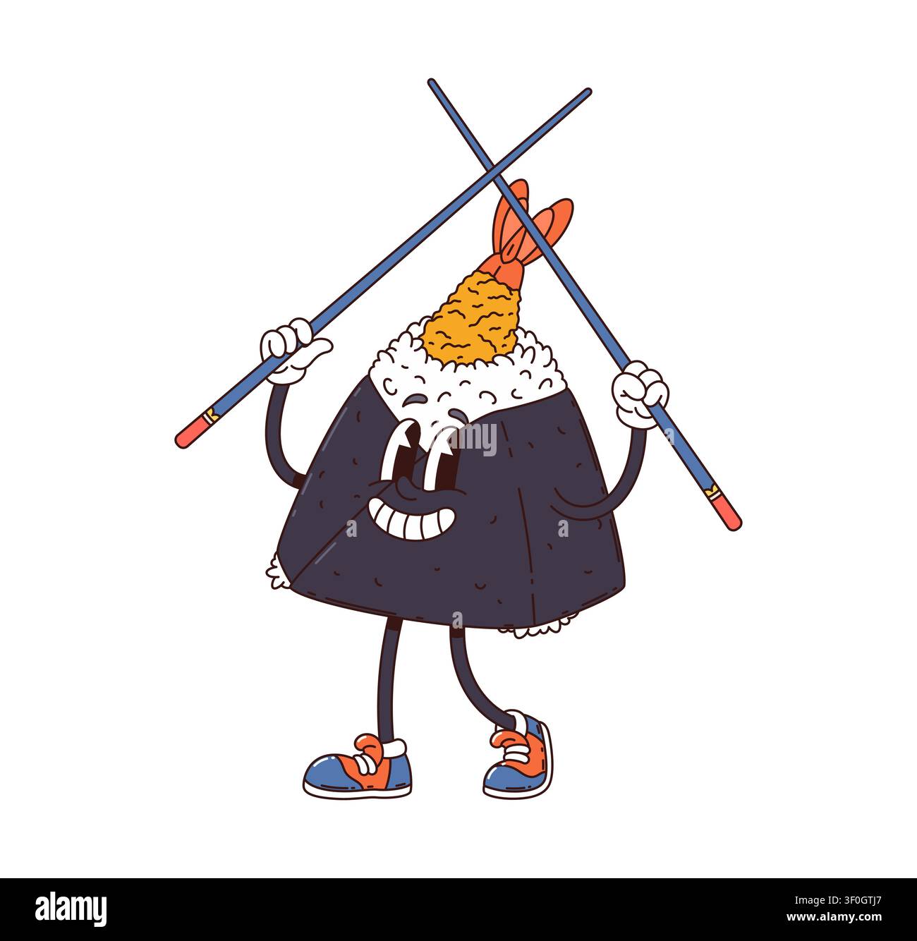 Personaggio cartone animato groovy giapponese a forma di rotolo di sushi onigiri carino con ripieno di gamberetti tempura che tiene le bacchette incrociate. Personaggio asiatico di frutti di mare sorridente e con scarpe da ginnastica retro hippie che esprime gioia Y2K Illustrazione Vettoriale