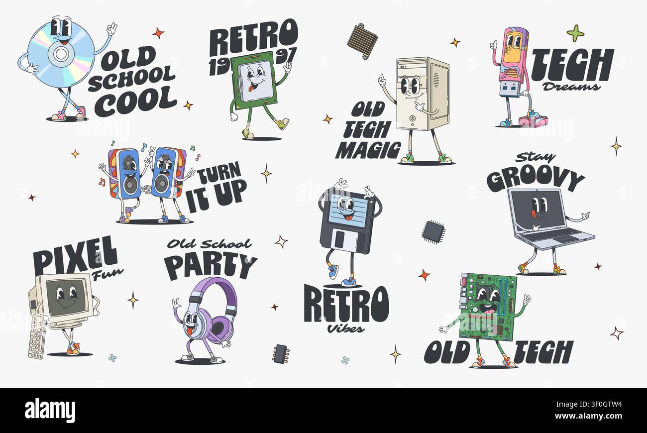 Adesivi di personaggi di computer e dispositivi funky Y2K groovy hippie. Old school cool, retro 1997, magia della vecchia tecnologia o sogni tecnologici. Alzalo, resta groovy, divertimento pixel, festa old school, vibrazioni retro, vecchia tecnologia Illustrazione Vettoriale