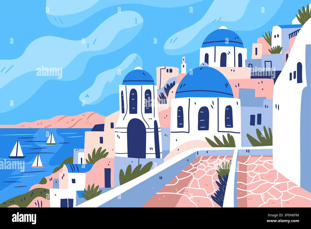 Santorini Grecia destinazione di viaggio chiese con cupole blu edifici imbiancati a calce vista sul mare barche a vela paesaggio costiero architettura mediterranea sito web Illustrazione Vettoriale