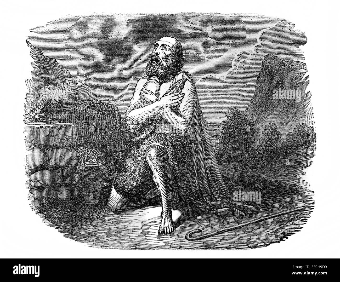 Incisione in acciaio del profeta Enoch in ginocchio che guarda al cielo (Genesi) da una Bibbia familiare illustrata del XIX secolo di Cassell Foto Stock