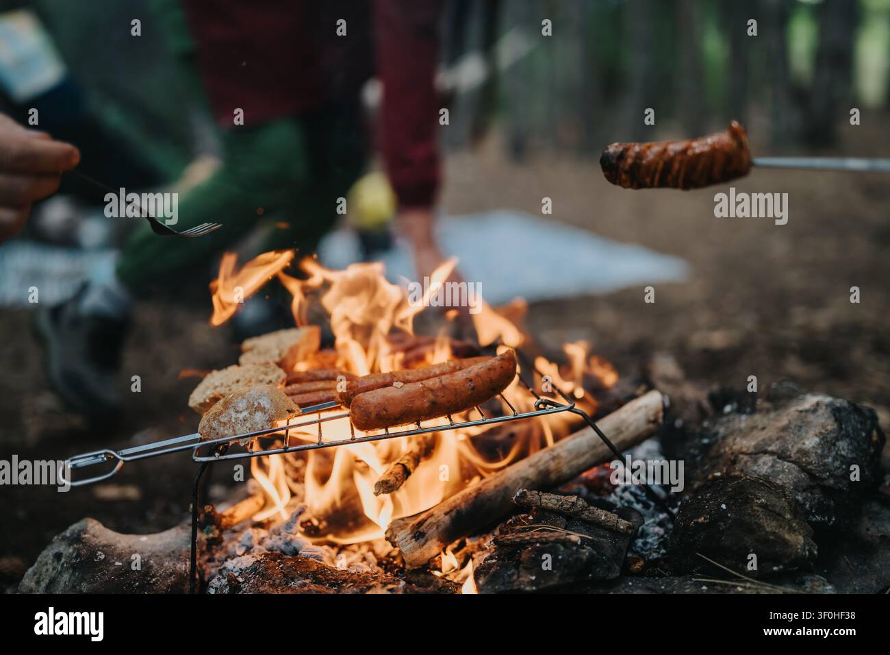 Amici che arrostiscono salsicce su una griglia da falò e tostano il pane durante un cookout da campeggio in foresta Foto Stock