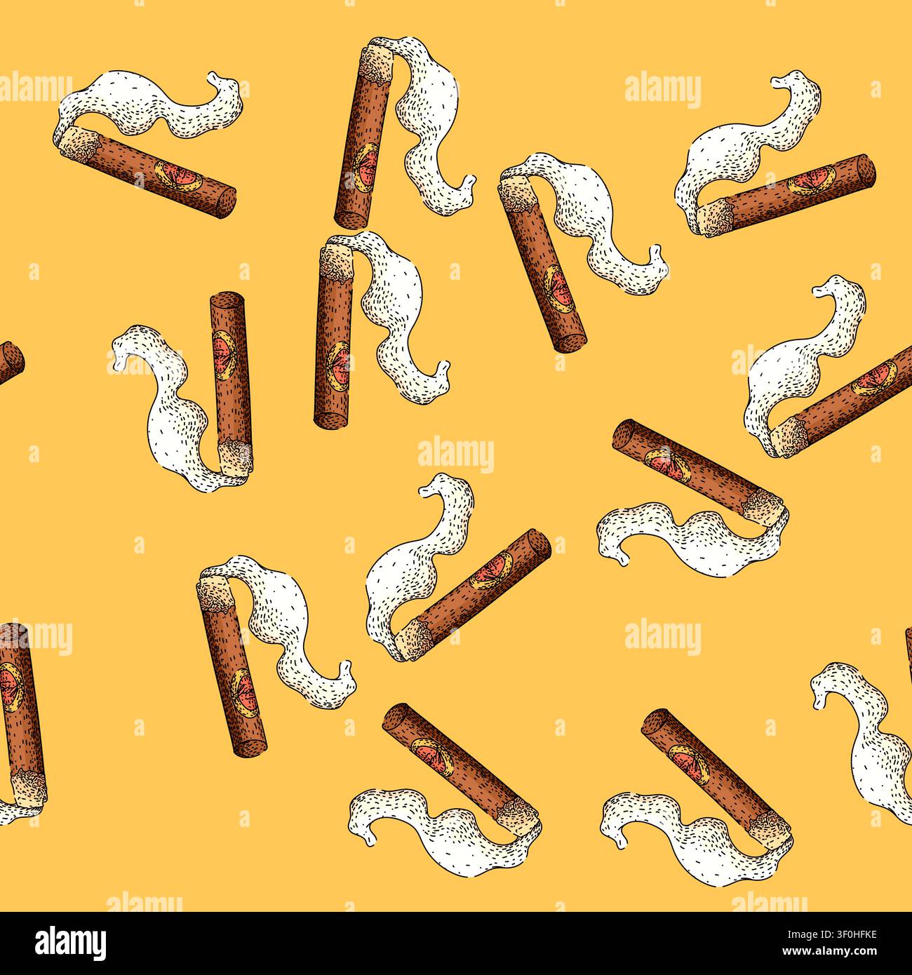Sigaro bruciato con un pennacchio di fumo che si arriccia verso l'alto, catturato in stile doodle disegnato a mano, che rappresenta relax, lusso e vintag Illustrazione Vettoriale