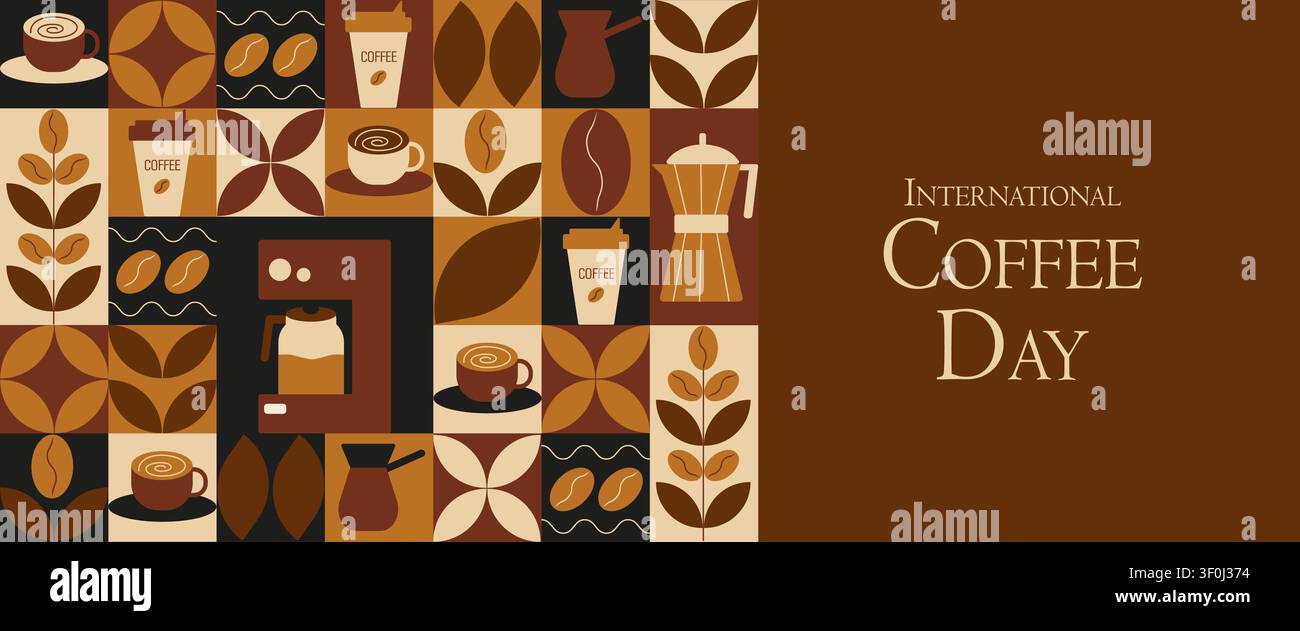 Poster geometrici caffè in stile retrò minimale. Concetto per la Giornata internazionale del caffè. Ideale per caffetteria, panetteria, branding, decorazione, design di copertina, stampa decorativa, sfondo. Vettore Illustrazione Vettoriale