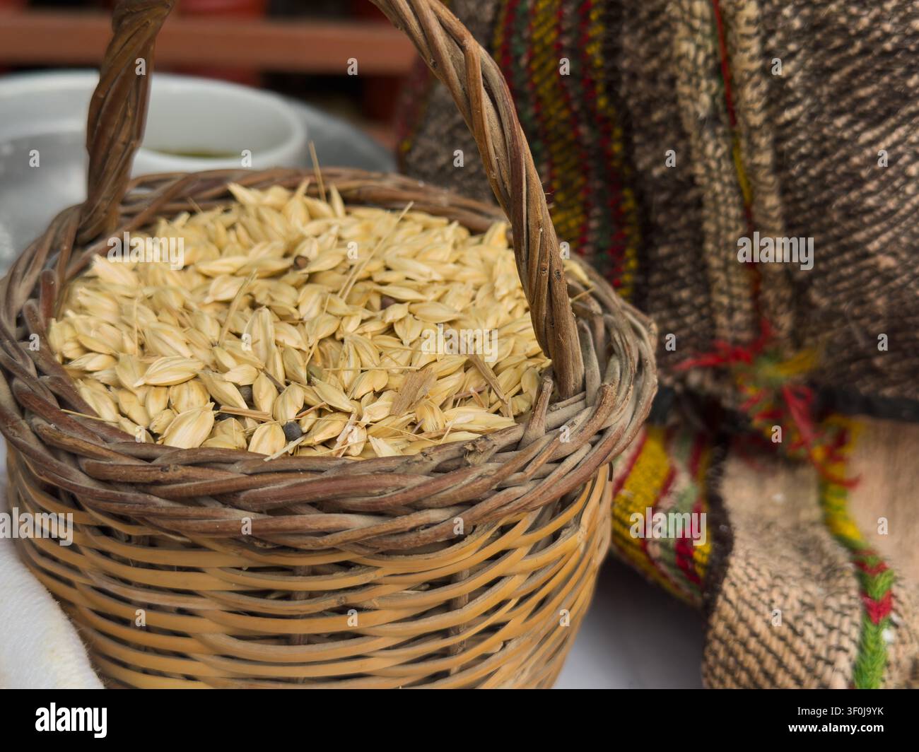 Primo piano di chicchi di grano antico zea emmer crudi con glumi all'interno di un cesto di vimini intrecciato rustico su uno sfondo tessile tradizionale cretese. Foto Stock