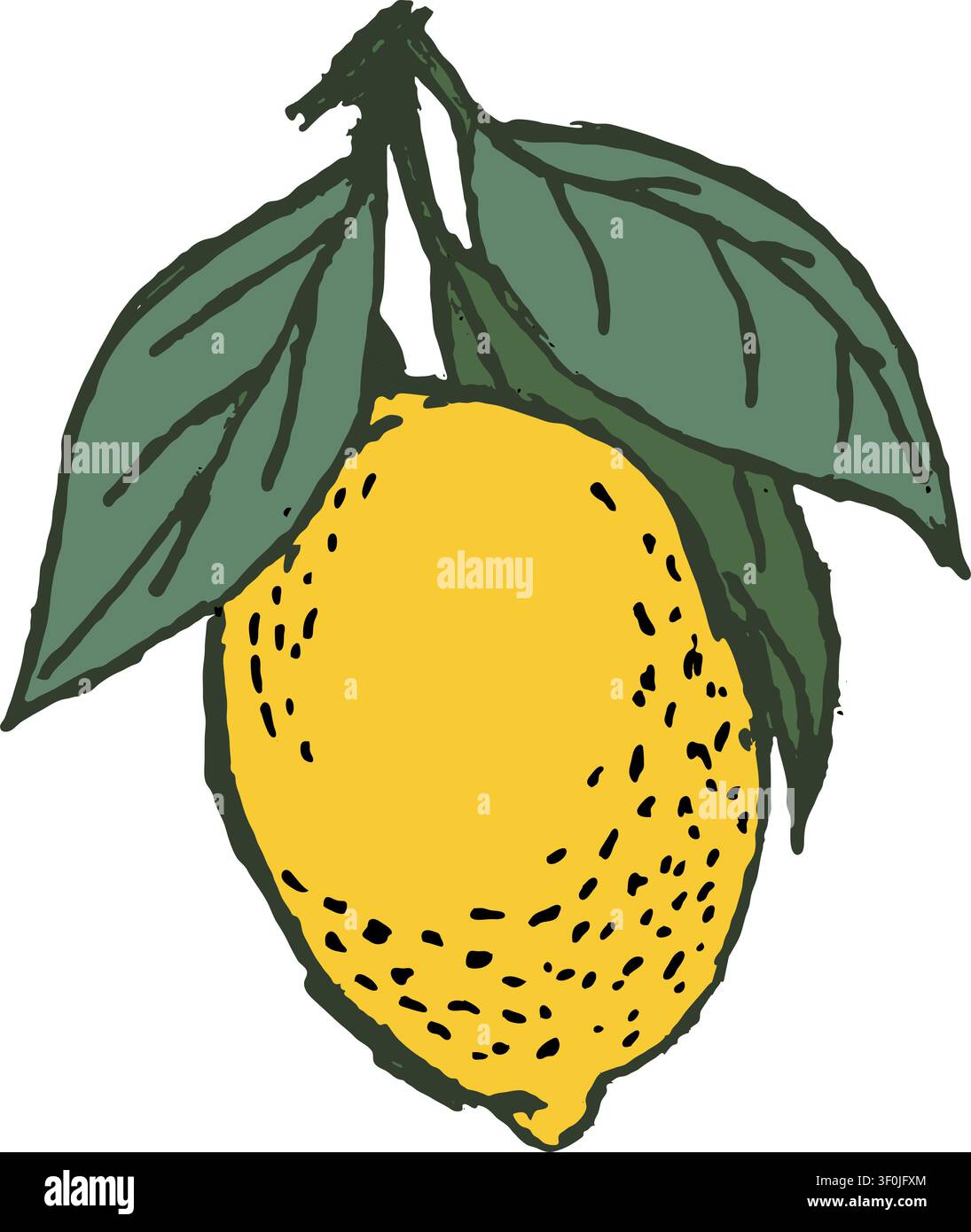 Zitrona succosa. Zitrona intera, affettata. Frutta trasparente, png. stile cartone animato, piatto. contorno di una zitrona su un ramo con foglie. Decorazione estiva, tropicale, giungla Foto Stock